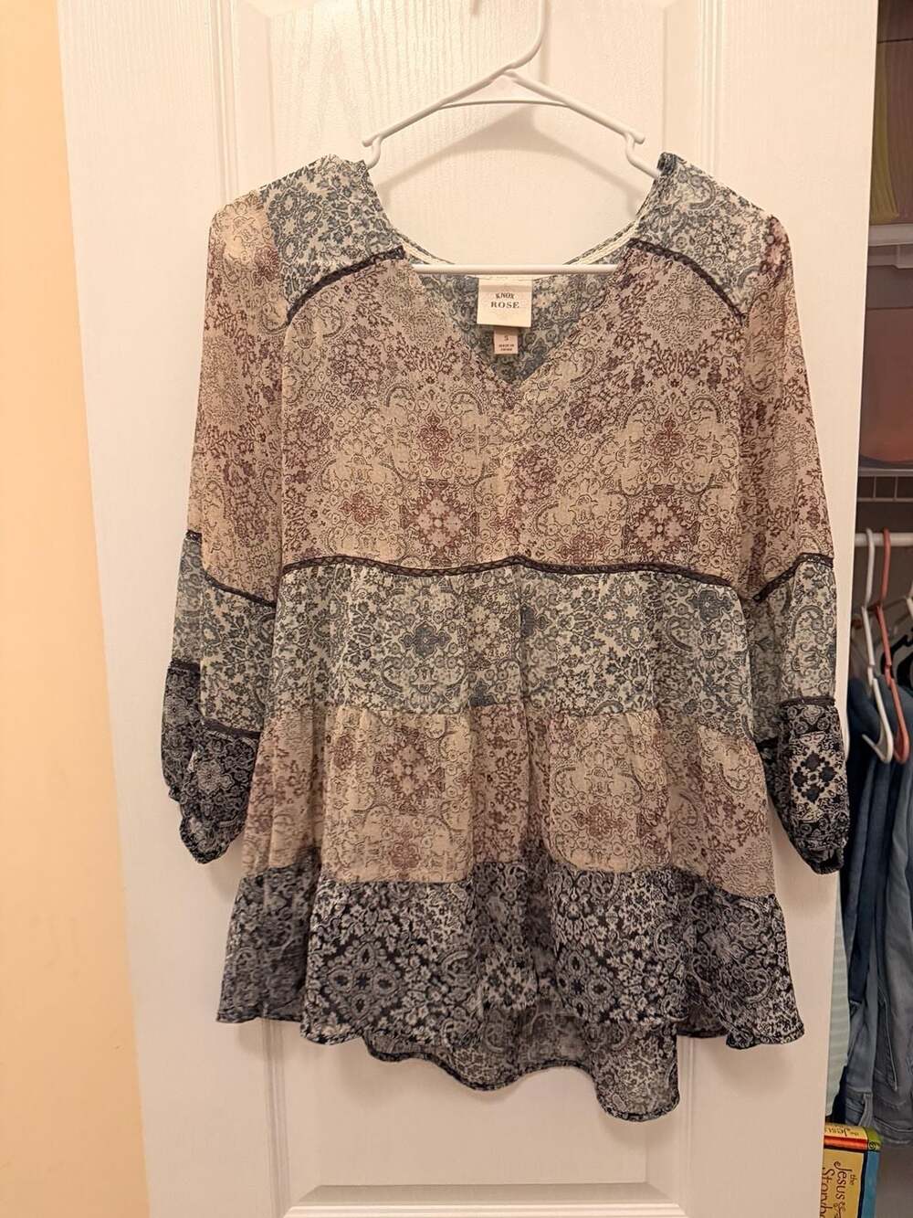 Knox Rose Paisley Tiered Blouse Size S Multicolored Boho Long Sleeve